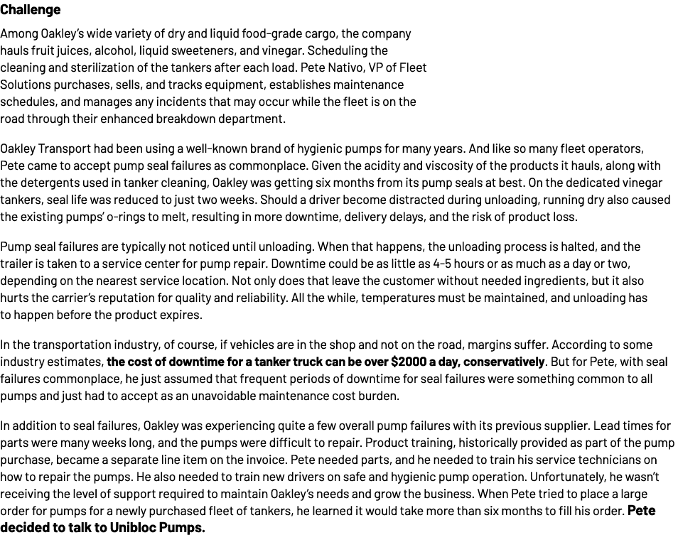 Défi Parmi la grande variété de marchandises alimentaires sèches et liquides d'Oakley, l'entreprise transporte des jus de fruits, de l'alcool, des boissons alcoolisées et des boissons non alcoolisées.