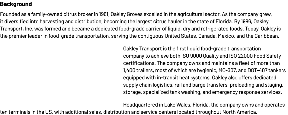 Hintergrund: Oakley Groves wurde 1961 als familiengeführter Zitrusmakler gegründet und hat sich im Agrarsektor hervorgetan. Als...